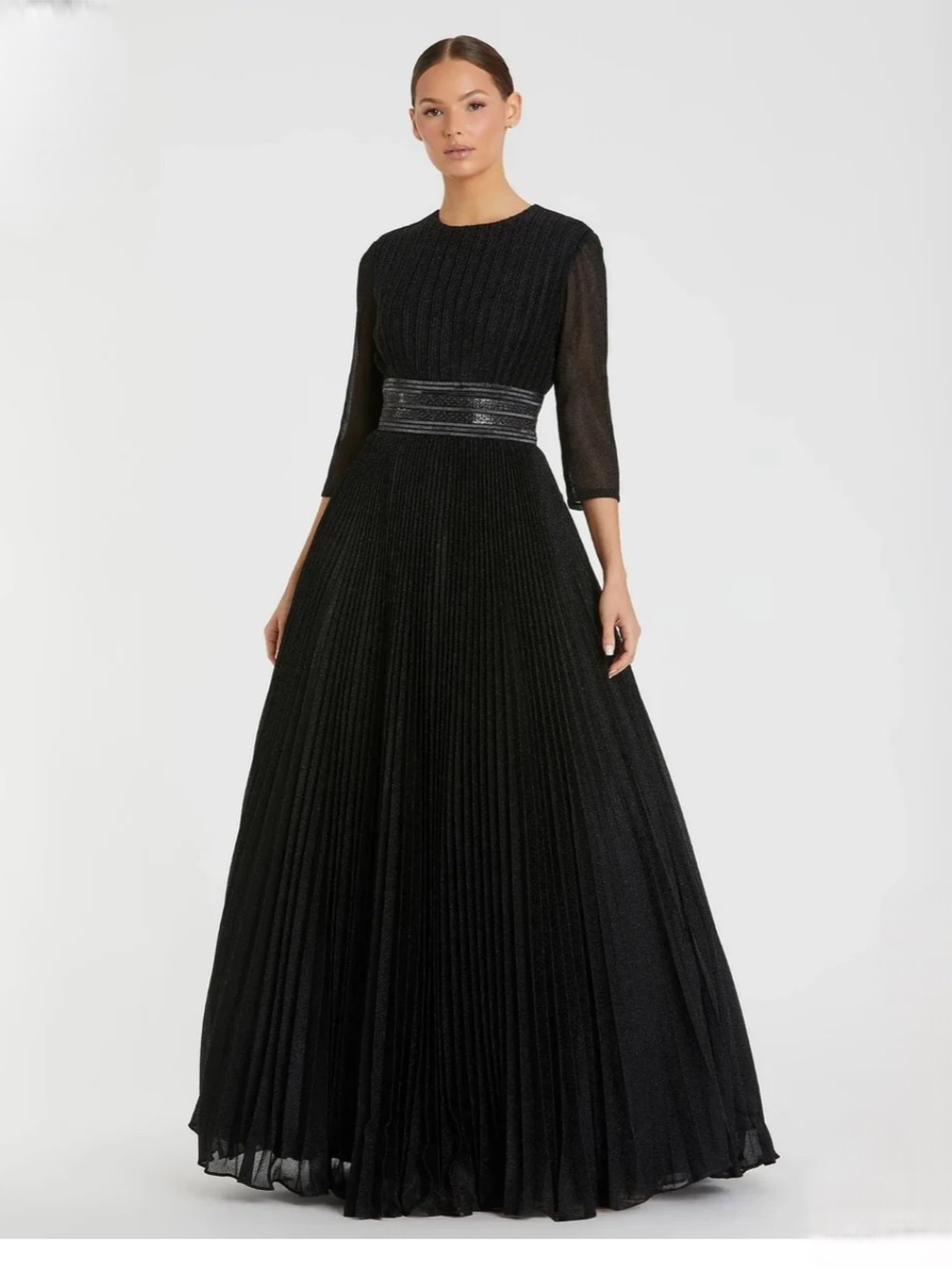 NWT Mac Duggal Black Shimmering 30700 Pleated 3/4 Sleeve Ball Gown 16